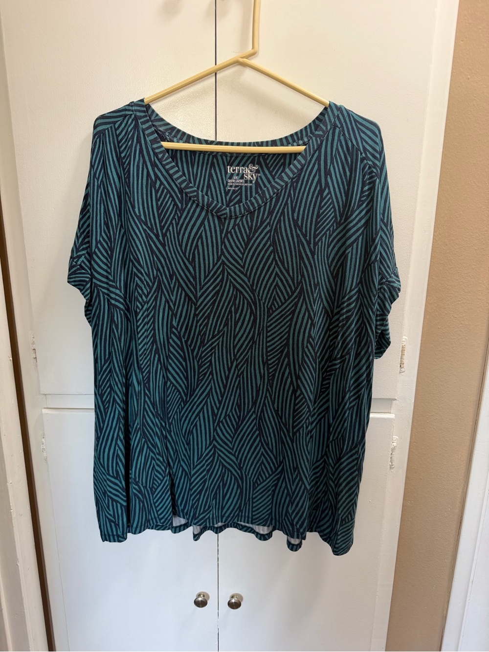 Terra & Sky Teal and Navy Leaf-Pattern Short Sleeve Tee 2x (20w-22w)